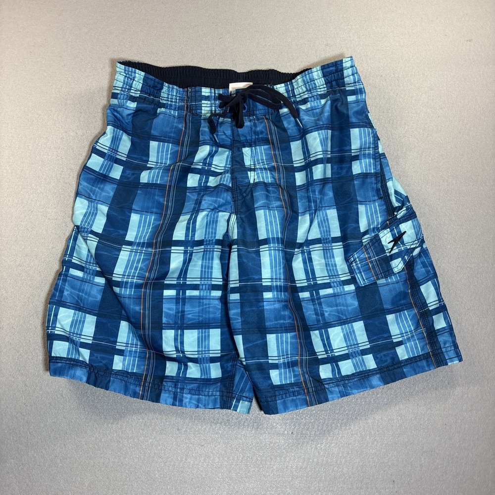 SPEEDO Mens Large Swim Trunks Board Shorts Blue Orange Plaid Pockets Mesh Lining